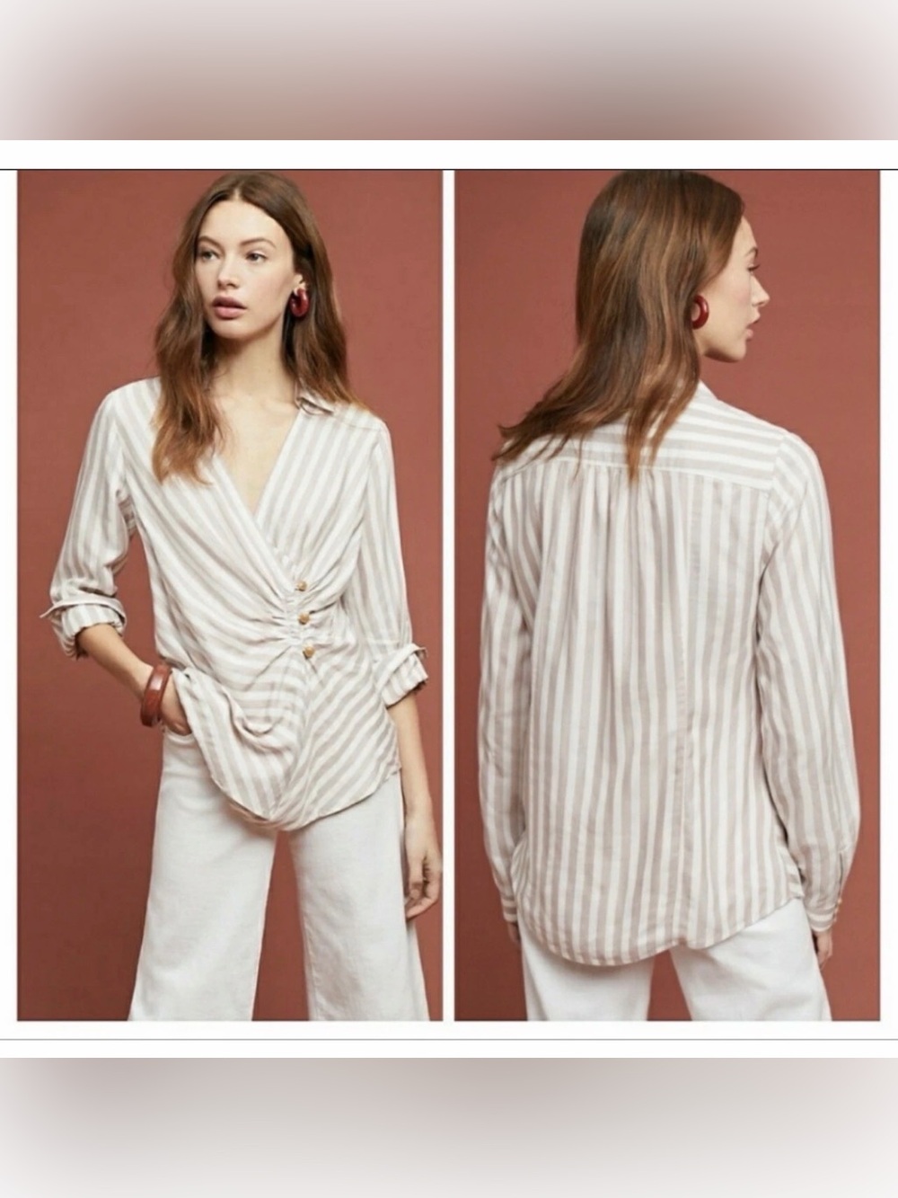 Maeve by Anthropologie Striped Ruched V-Neck Blouse Womens Size 6